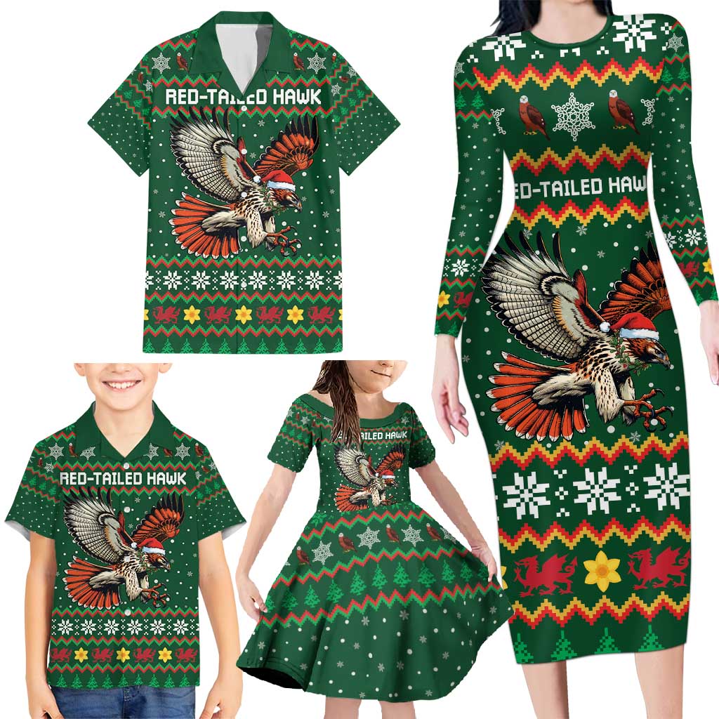 Personalized Radnorshire Wales Christmas Family Matching Long Sleeve Bodycon Dress and Hawaiian Shirt Red-Tailed Hawk Design - Wonder Print Shop