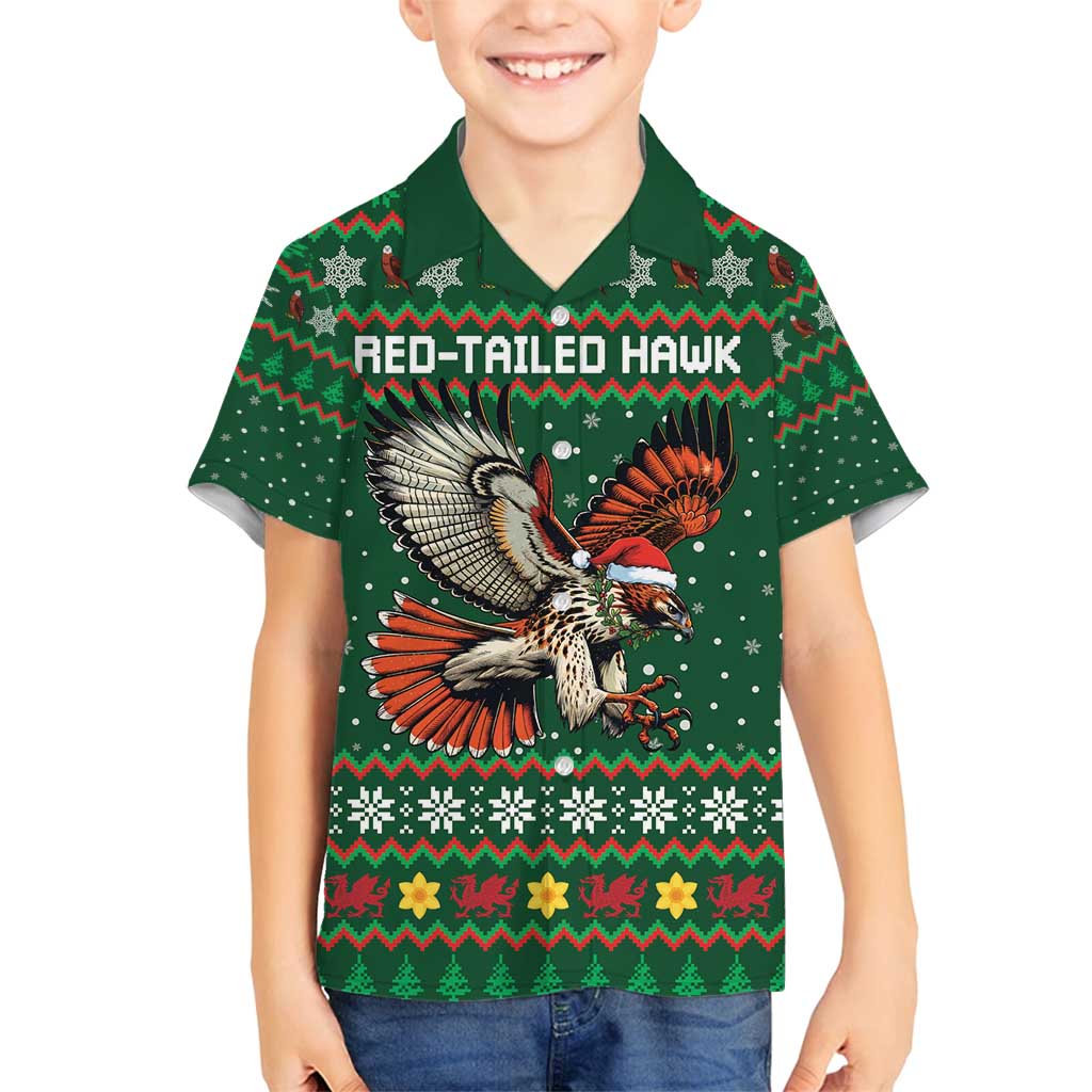 Personalized Radnorshire Wales Christmas Family Matching Long Sleeve Bodycon Dress and Hawaiian Shirt Red-Tailed Hawk Design - Wonder Print Shop