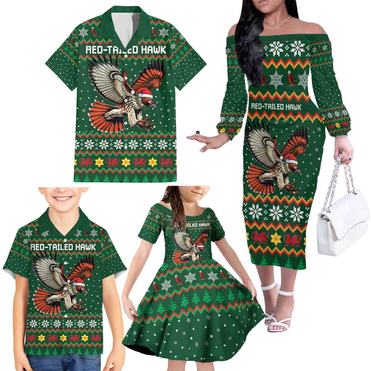 Personalized Radnorshire Wales Christmas Family Matching Off The Shoulder Long Sleeve Dress and Hawaiian Shirt Red-Tailed Hawk Design - Wonder Print Shop