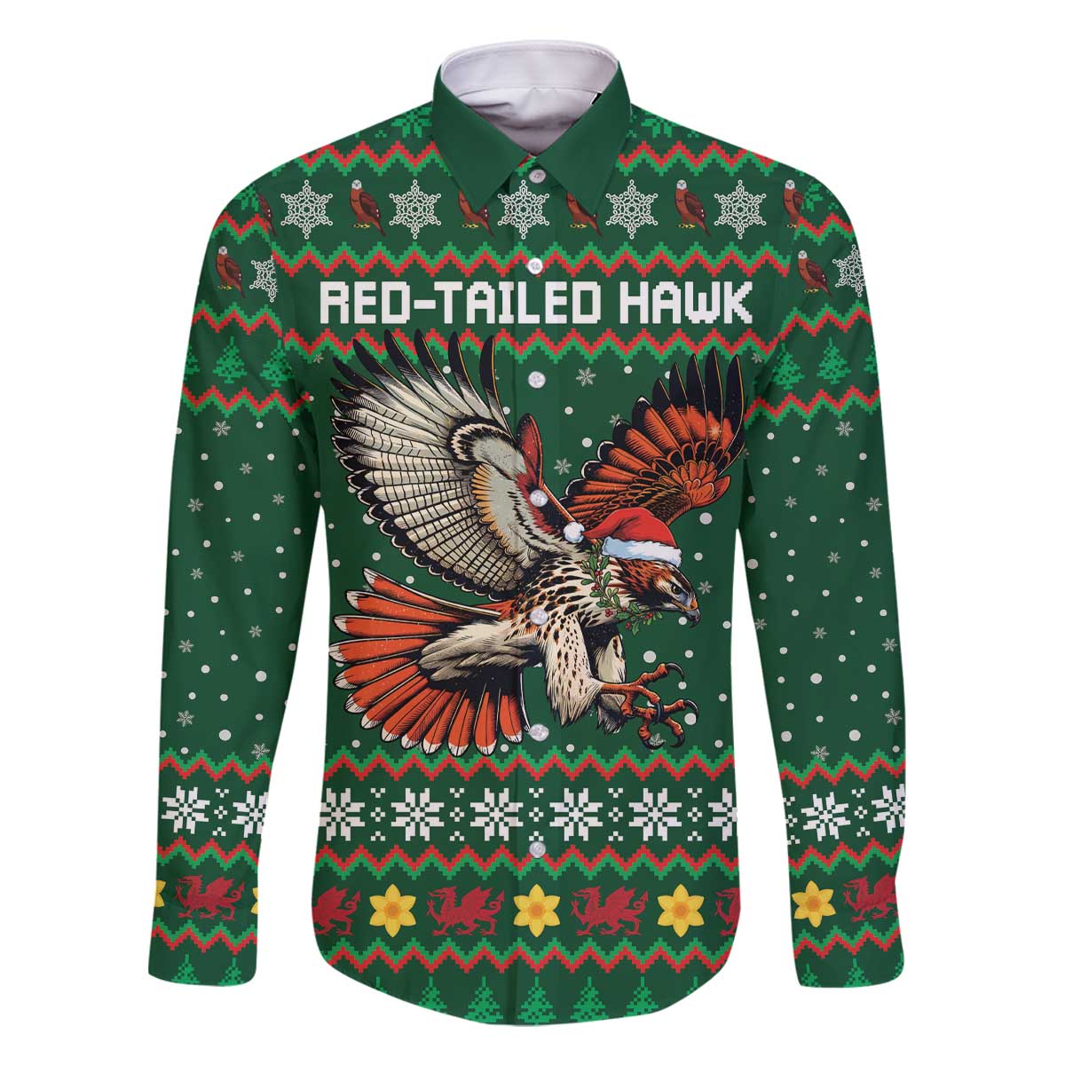 Personalized Radnorshire Wales Christmas Family Matching Off The Shoulder Long Sleeve Dress and Hawaiian Shirt Red-Tailed Hawk Design - Wonder Print Shop