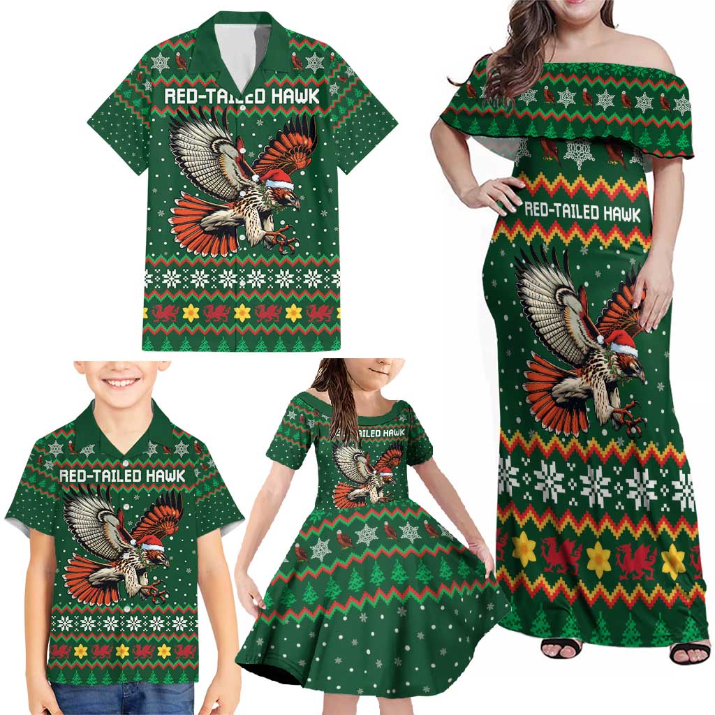 Personalized Radnorshire Wales Christmas Family Matching Off Shoulder Maxi Dress and Hawaiian Shirt Red-Tailed Hawk Design - Wonder Print Shop