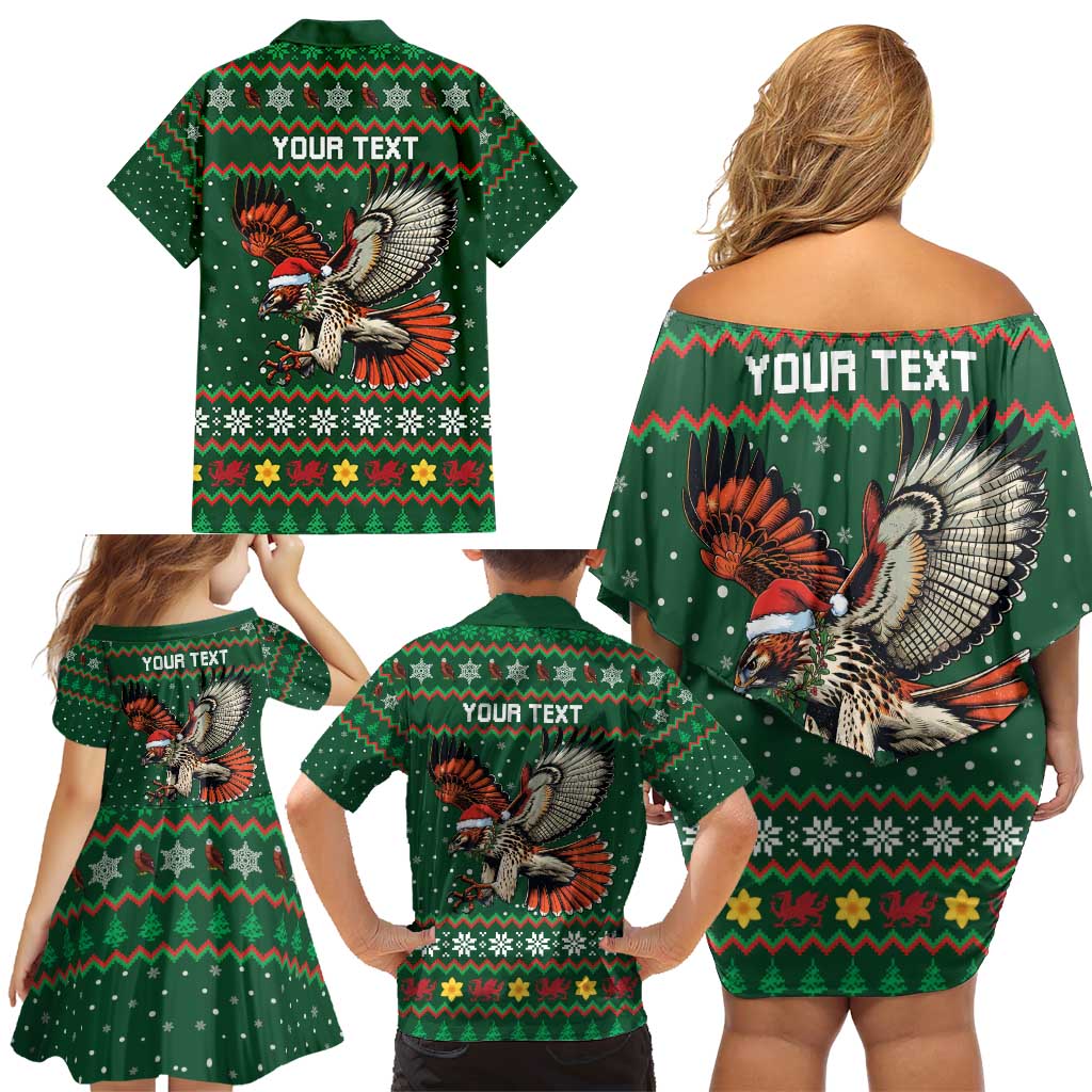 Personalized Radnorshire Wales Christmas Family Matching Off Shoulder Short Dress and Hawaiian Shirt Red-Tailed Hawk Design - Wonder Print Shop