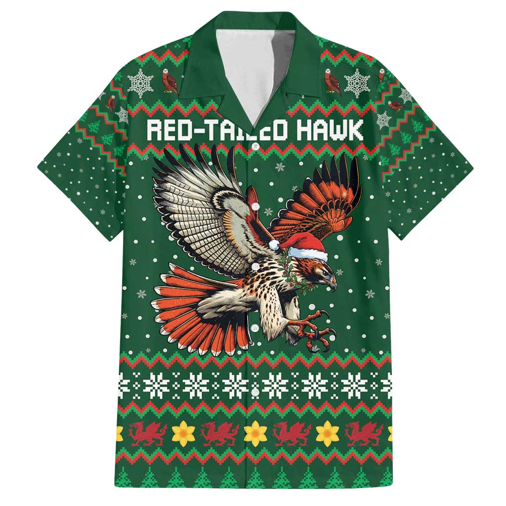Personalized Radnorshire Wales Christmas Family Matching Off Shoulder Short Dress and Hawaiian Shirt Red-Tailed Hawk Design - Wonder Print Shop