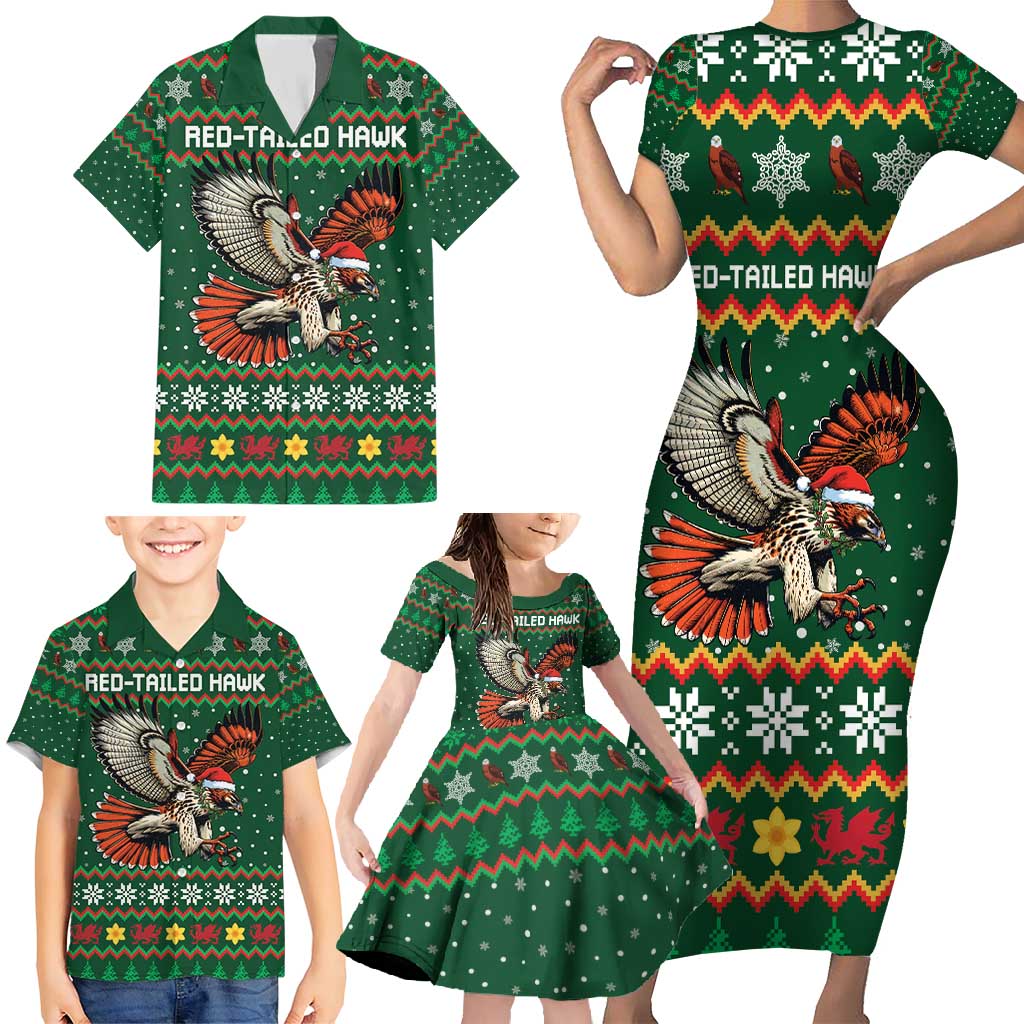 Personalized Radnorshire Wales Christmas Family Matching Short Sleeve Bodycon Dress and Hawaiian Shirt Red-Tailed Hawk Design - Wonder Print Shop