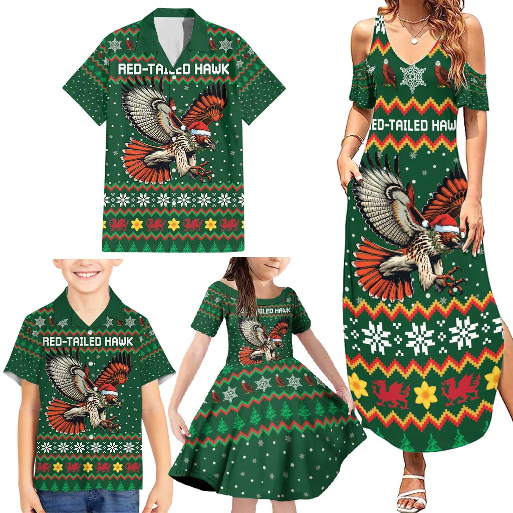 Personalized Radnorshire Wales Christmas Family Matching Summer Maxi Dress and Hawaiian Shirt Red-Tailed Hawk Design - Wonder Print Shop