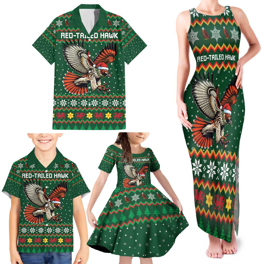 Personalized Radnorshire Wales Christmas Family Matching Tank Maxi Dress and Hawaiian Shirt Red-Tailed Hawk Design - Wonder Print Shop