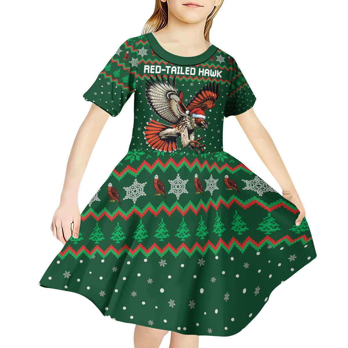 Personalized Radnorshire Wales Christmas Kid Short Sleeve Dress Red-Tailed Hawk Design - Wonder Print Shop