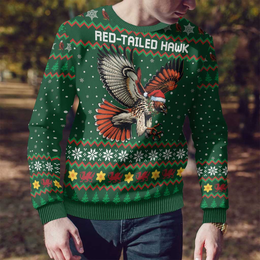 Personalized Radnorshire Wales Christmas Ugly Christmas Sweater Red-Tailed Hawk Design - Wonder Print Shop