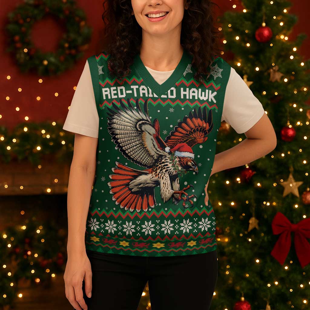 Personalized Radnorshire Wales Christmas Knitted V-Neck Vest Red-Tailed Hawk Design - Wonder Print Shop