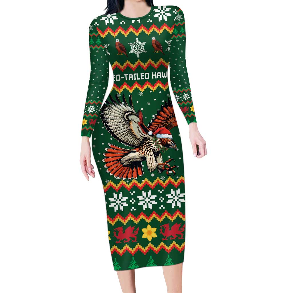 Personalized Radnorshire Wales Christmas Long Sleeve Bodycon Dress Red-Tailed Hawk Design - Wonder Print Shop
