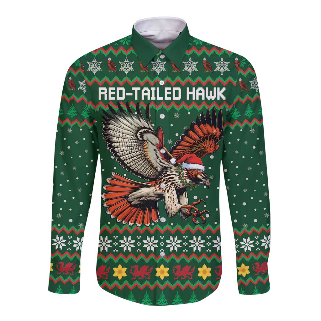 Personalized Radnorshire Wales Christmas Long Sleeve Button Shirt Red-Tailed Hawk Design - Wonder Print Shop