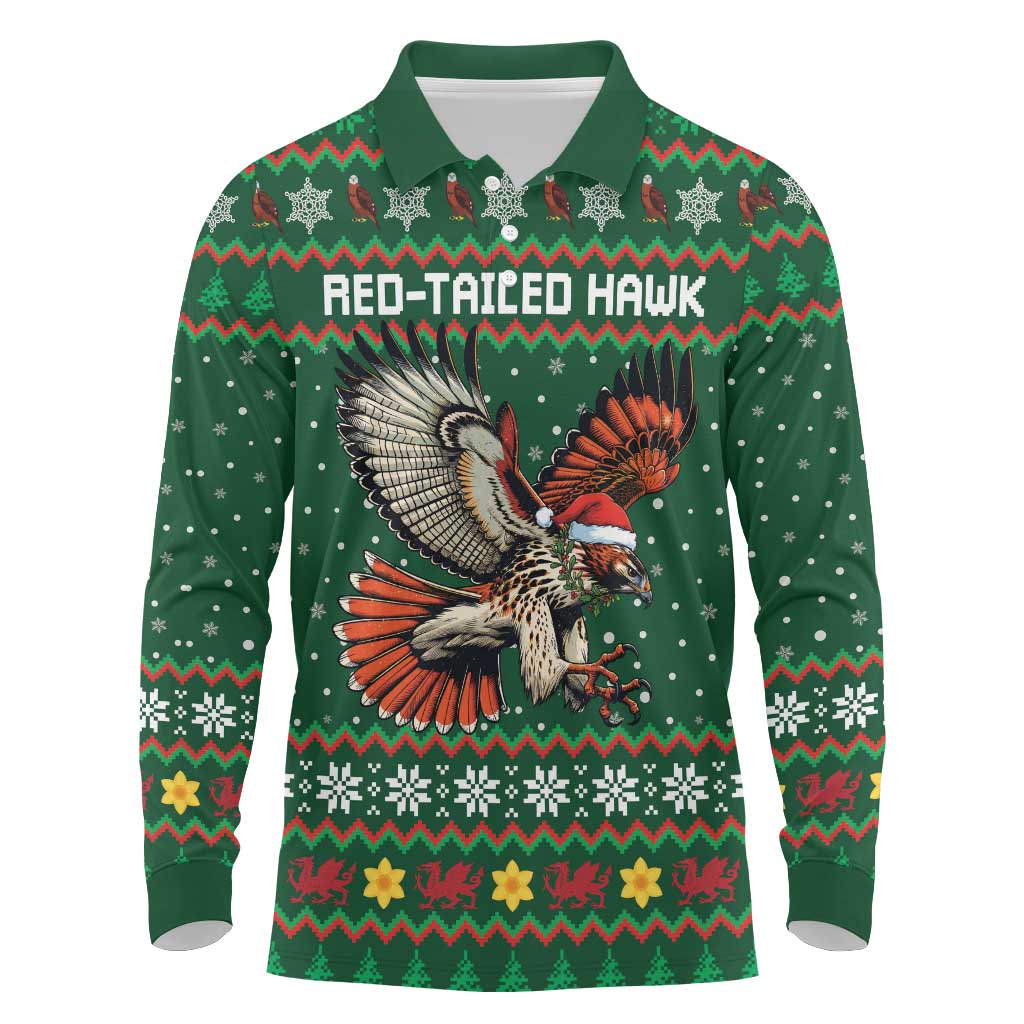 Personalized Radnorshire Wales Christmas Long Sleeve Polo Shirt Red-Tailed Hawk Design - Wonder Print Shop