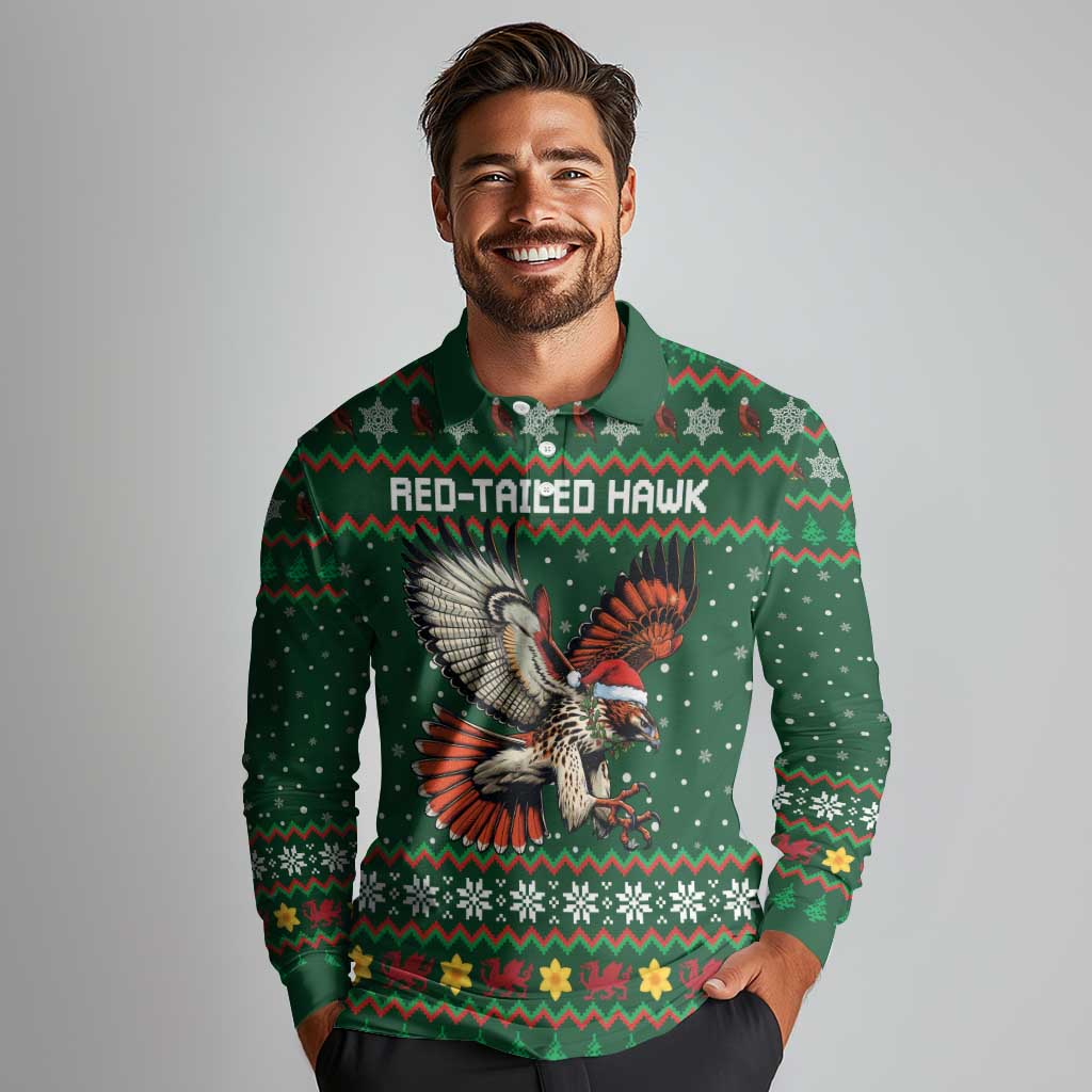 Personalized Radnorshire Wales Christmas Long Sleeve Polo Shirt Red-Tailed Hawk Design - Wonder Print Shop