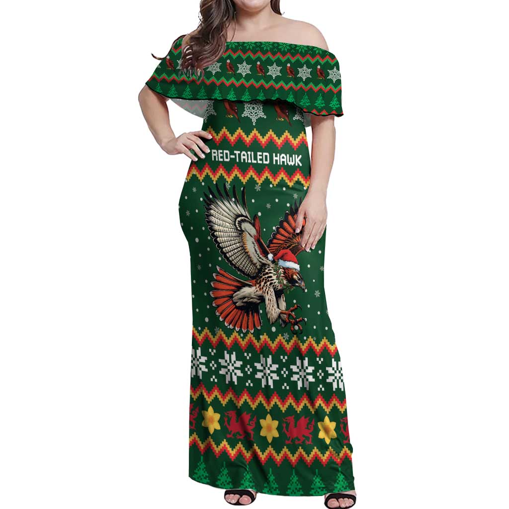 Personalized Radnorshire Wales Christmas Off Shoulder Maxi Dress Red-Tailed Hawk Design - Wonder Print Shop