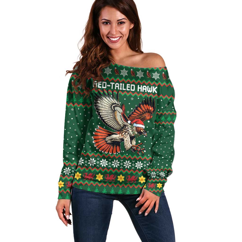 Personalized Radnorshire Wales Christmas Off Shoulder Sweater Red-Tailed Hawk Design - Wonder Print Shop