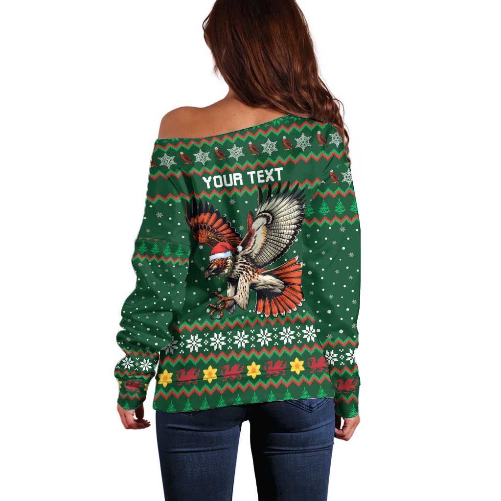 Personalized Radnorshire Wales Christmas Off Shoulder Sweater Red-Tailed Hawk Design - Wonder Print Shop
