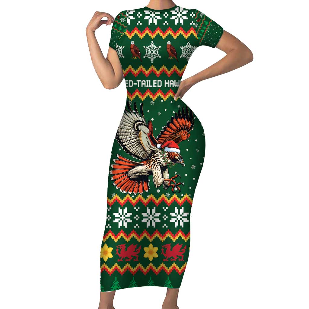 Personalized Radnorshire Wales Christmas Short Sleeve Bodycon Dress Red-Tailed Hawk Design - Wonder Print Shop