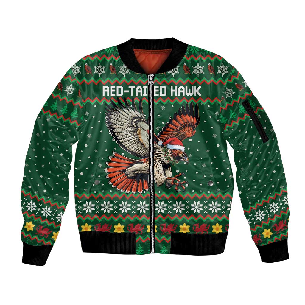 Personalized Radnorshire Wales Christmas Sleeve Zip Bomber Jacket Red-Tailed Hawk Design - Wonder Print Shop