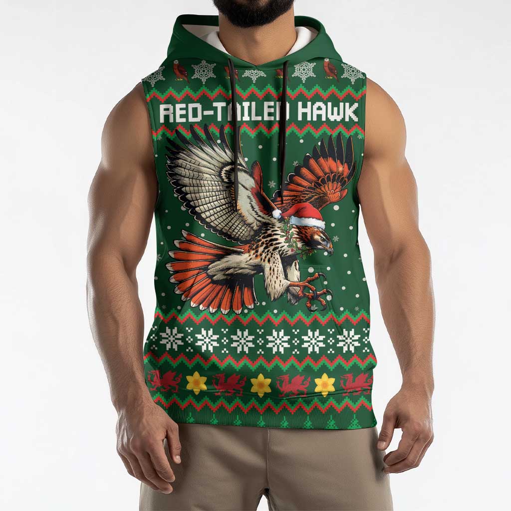 Personalized Radnorshire Wales Christmas Sleeveless Hoodie Red-Tailed Hawk Design - Wonder Print Shop