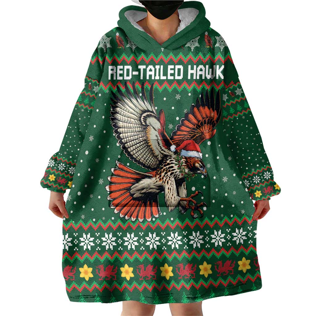 Personalized Radnorshire Wales Christmas Wearable Blanket Hoodie Red-Tailed Hawk Design - Wonder Print Shop