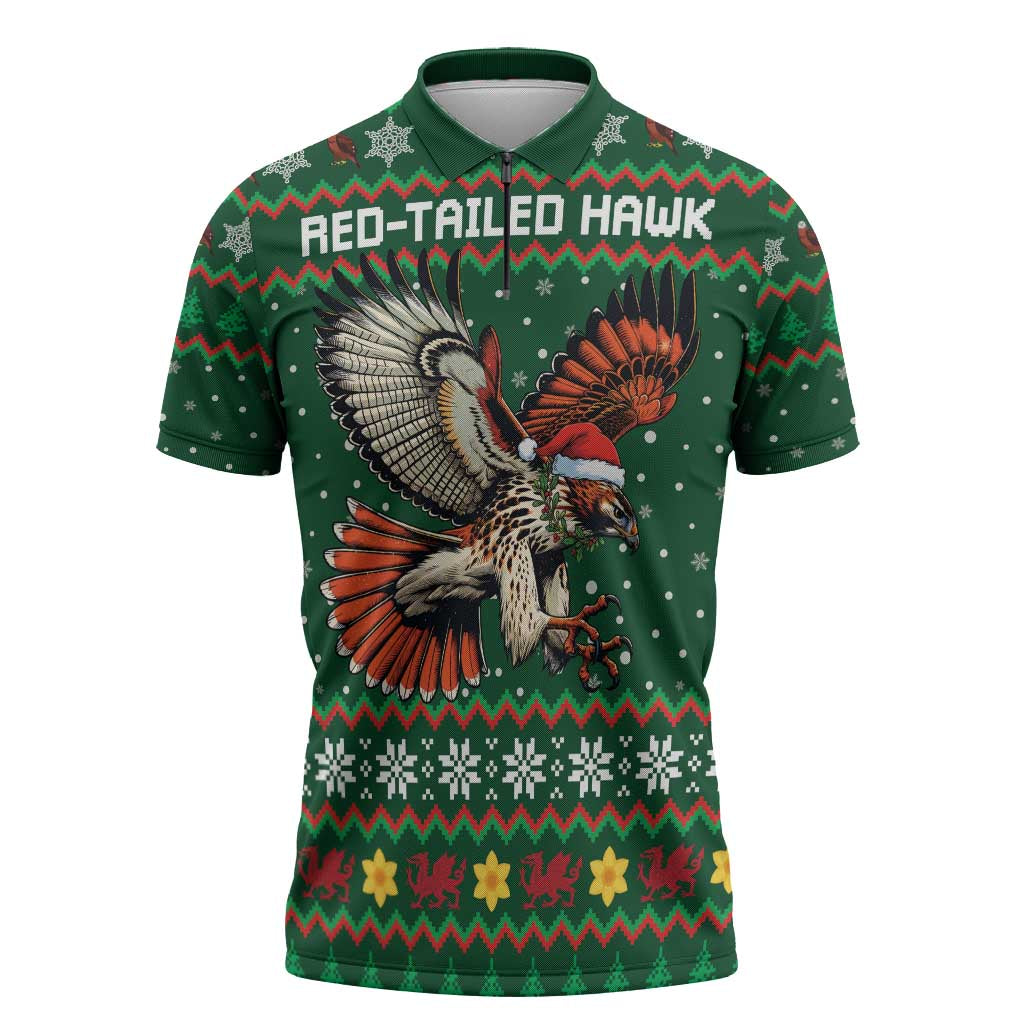 Personalized Radnorshire Wales Christmas Zipper Polo Shirt Red-Tailed Hawk Design - Wonder Print Shop