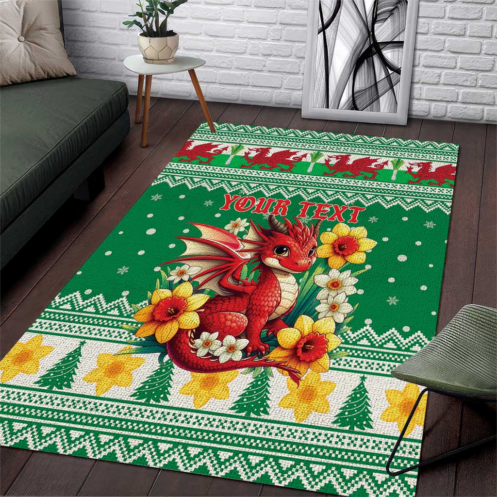 Personalized Wales Christmas Area Rug Cute Red Welsh Dragon and Daffodils - Wonder Print Shop