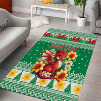 Personalized Wales Christmas Area Rug Cute Red Welsh Dragon and Daffodils - Wonder Print Shop