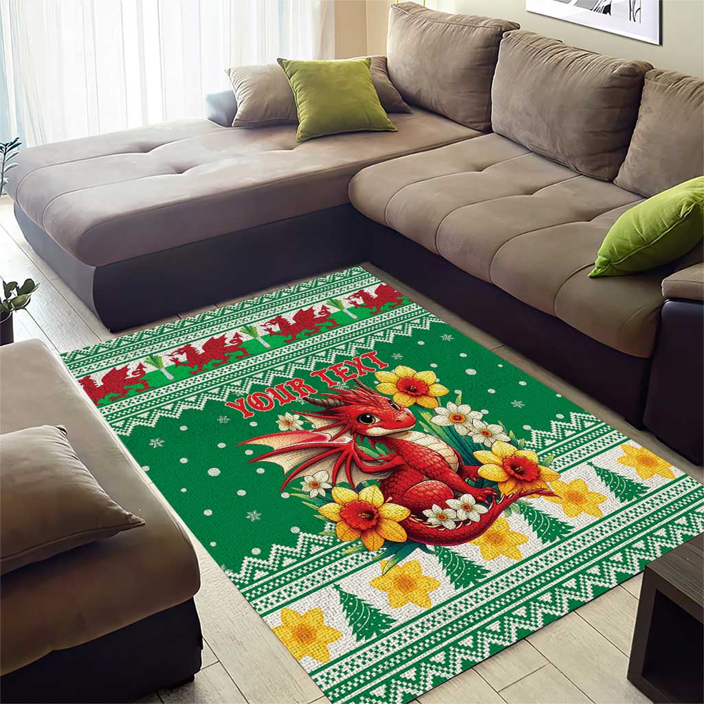 Personalized Wales Christmas Area Rug Cute Red Welsh Dragon and Daffodils - Wonder Print Shop