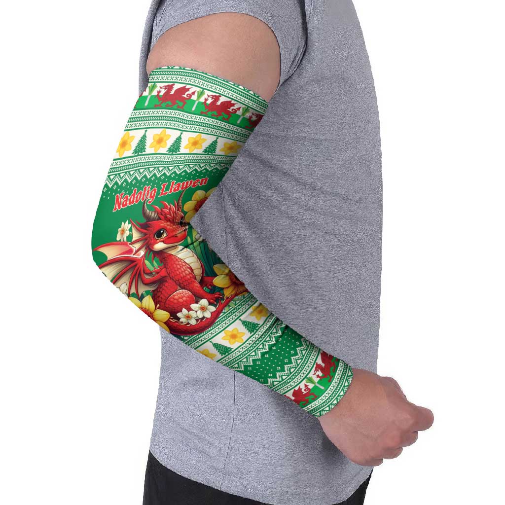 Personalized Wales Christmas Arm Sleeves Cute Red Welsh Dragon and Daffodils - Wonder Print Shop