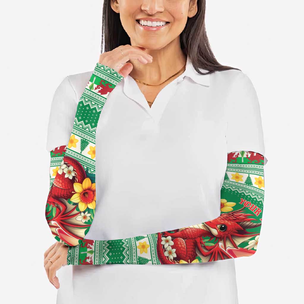 Personalized Wales Christmas Arm Sleeves Cute Red Welsh Dragon and Daffodils - Wonder Print Shop
