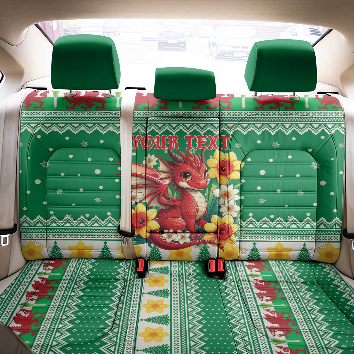 Personalized Wales Christmas Back Car Seat Cover Cute Red Welsh Dragon and Daffodils - Wonder Print Shop