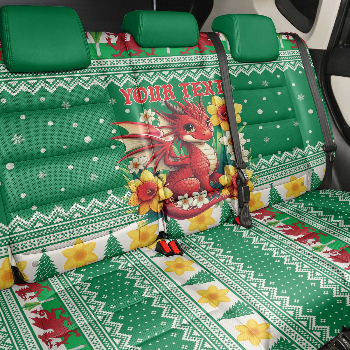 Personalized Wales Christmas Back Car Seat Cover Cute Red Welsh Dragon and Daffodils - Wonder Print Shop