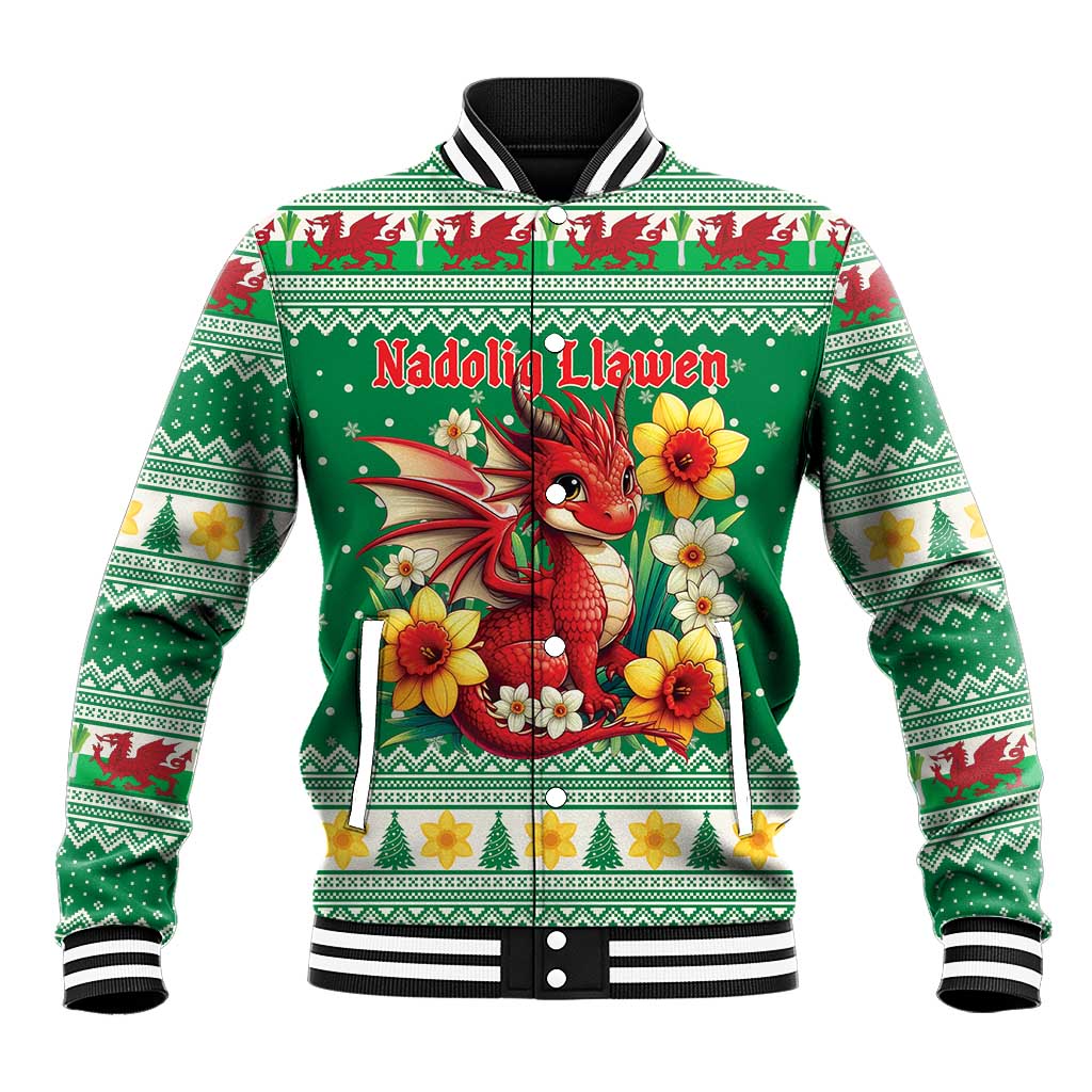 Personalized Wales Christmas Baseball Jacket Cute Red Welsh Dragon and Daffodils - Wonder Print Shop