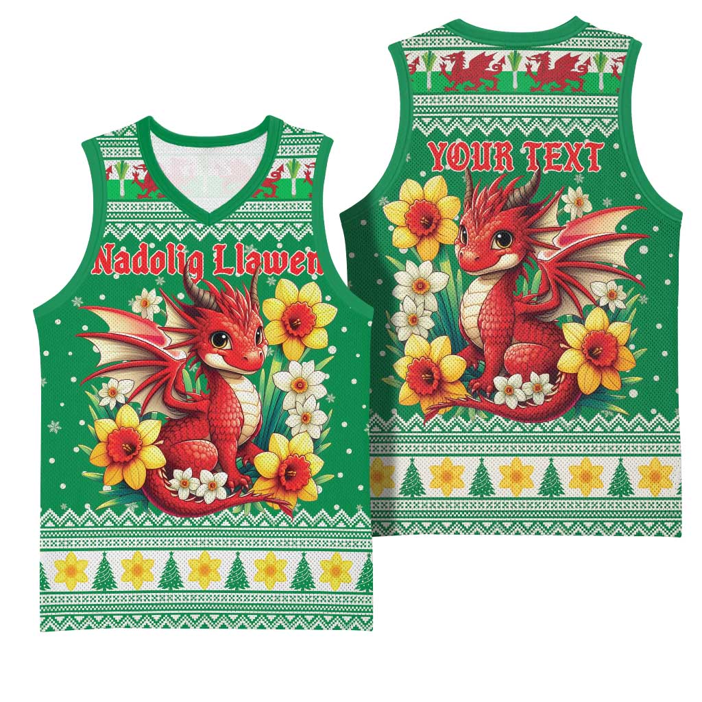 Personalized Wales Christmas Basketball Jersey Cute Red Welsh Dragon and Daffodils - Wonder Print Shop