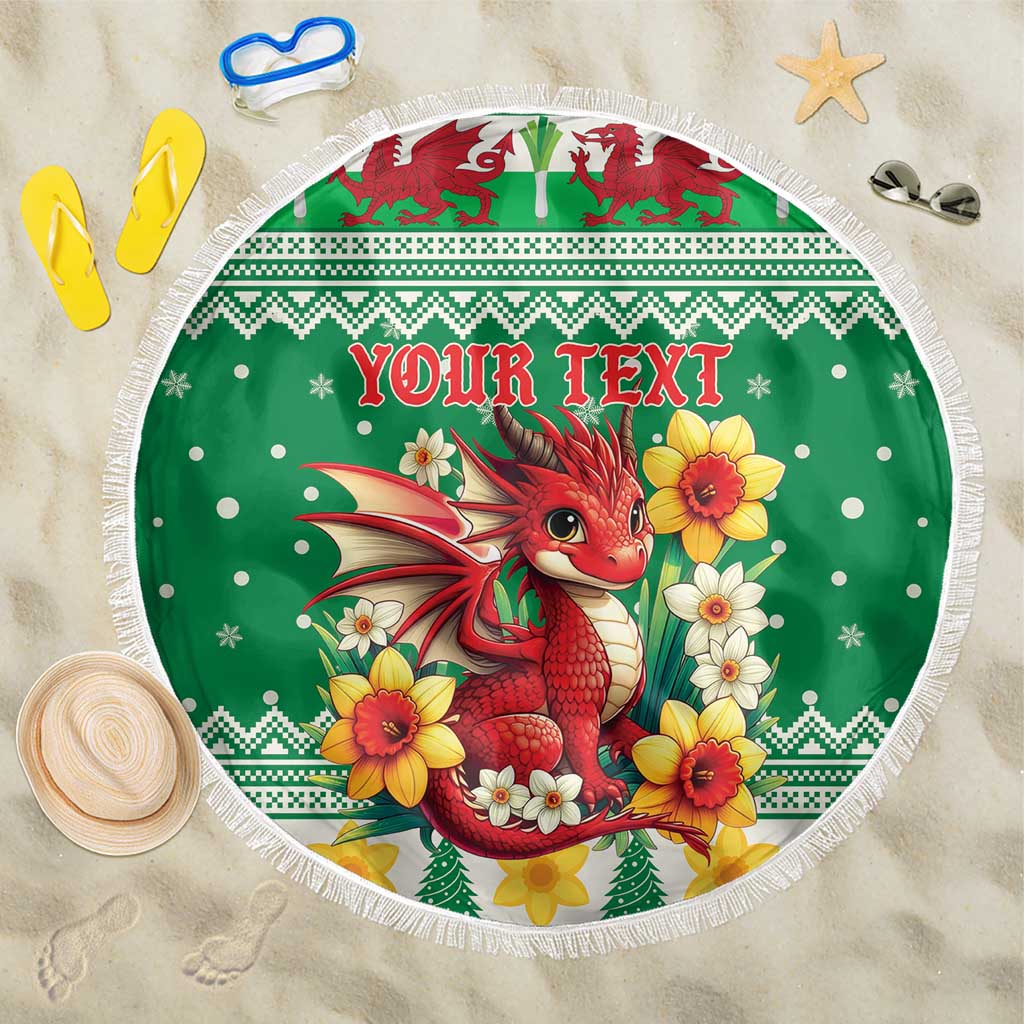 Personalized Wales Christmas Beach Blanket Cute Red Welsh Dragon and Daffodils - Wonder Print Shop