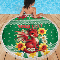 Personalized Wales Christmas Beach Blanket Cute Red Welsh Dragon and Daffodils - Wonder Print Shop
