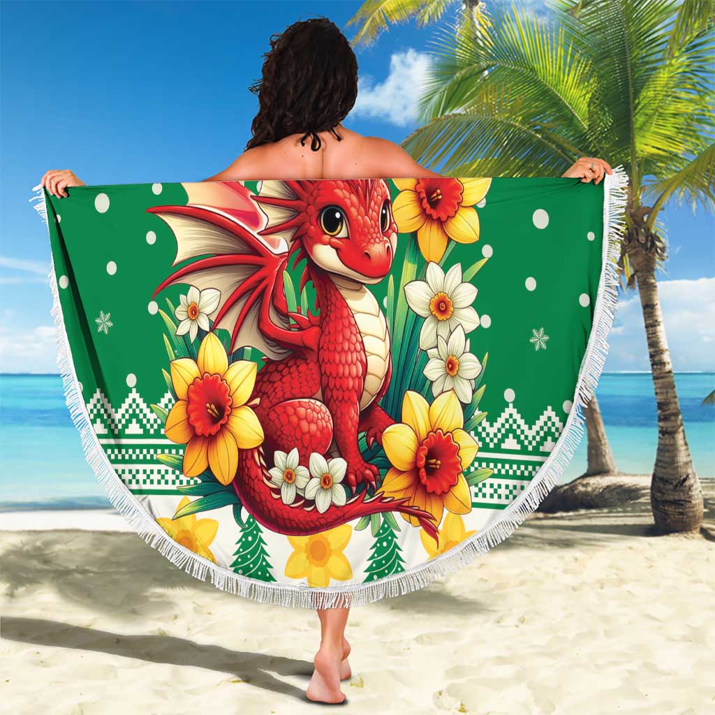 Personalized Wales Christmas Beach Blanket Cute Red Welsh Dragon and Daffodils - Wonder Print Shop