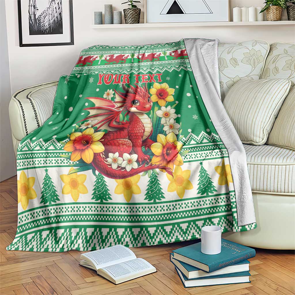 Personalized Wales Christmas Blanket Cute Red Welsh Dragon and Daffodils - Wonder Print Shop