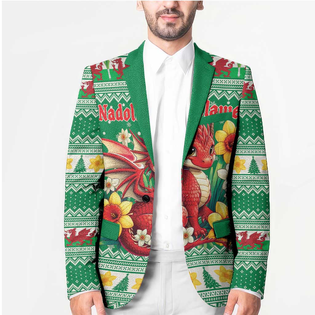 Personalized Wales Christmas Blazer Cute Red Welsh Dragon and Daffodils - Wonder Print Shop