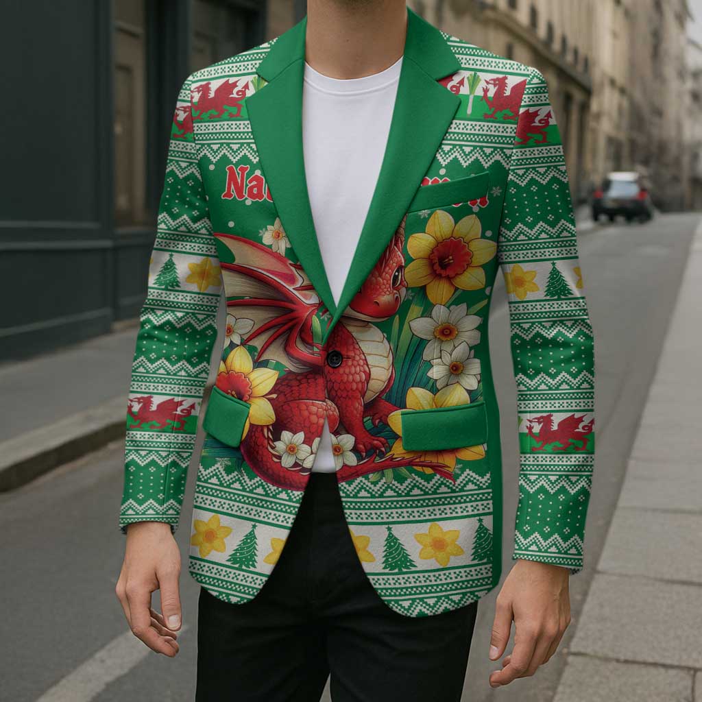 Personalized Wales Christmas Blazer Cute Red Welsh Dragon and Daffodils - Wonder Print Shop