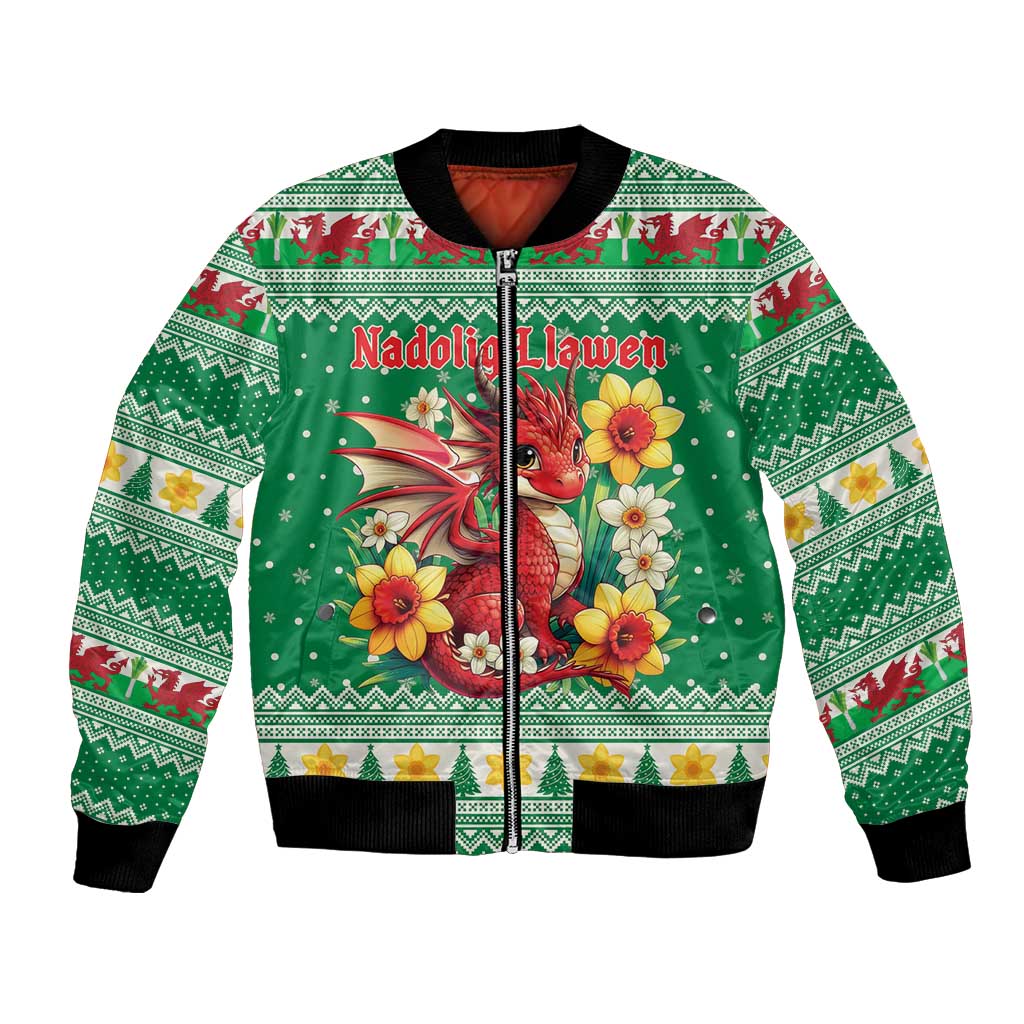Personalized Wales Christmas Bomber Jacket Cute Red Welsh Dragon and Daffodils - Wonder Print Shop