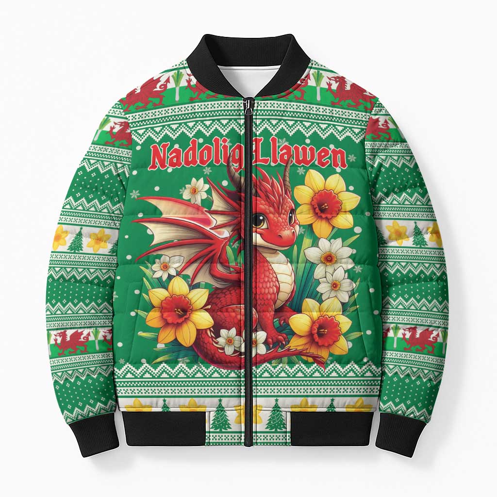 Personalized Wales Christmas Bomber Puffer Jacket Cute Red Welsh Dragon and Daffodils - Wonder Print Shop