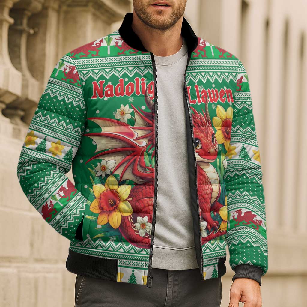 Personalized Wales Christmas Bomber Puffer Jacket Cute Red Welsh Dragon and Daffodils - Wonder Print Shop
