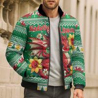 Personalized Wales Christmas Bomber Puffer Jacket Cute Red Welsh Dragon and Daffodils - Wonder Print Shop