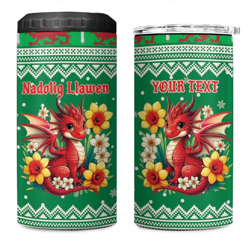 Personalized Wales Christmas 4 in 1 Can Cooler Tumbler Cute Red Welsh Dragon and Daffodils - Wonder Print Shop
