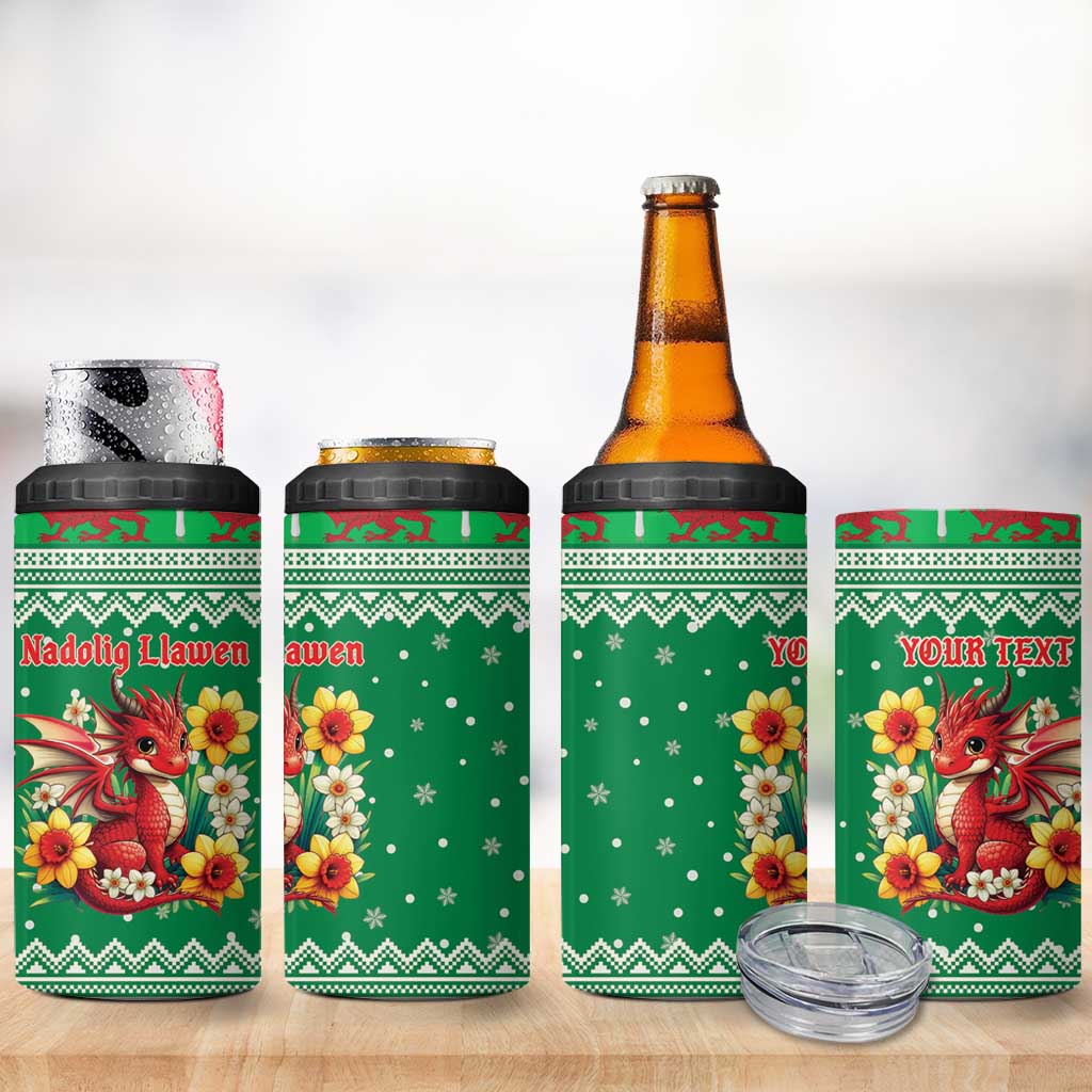 Personalized Wales Christmas 4 in 1 Can Cooler Tumbler Cute Red Welsh Dragon and Daffodils - Wonder Print Shop