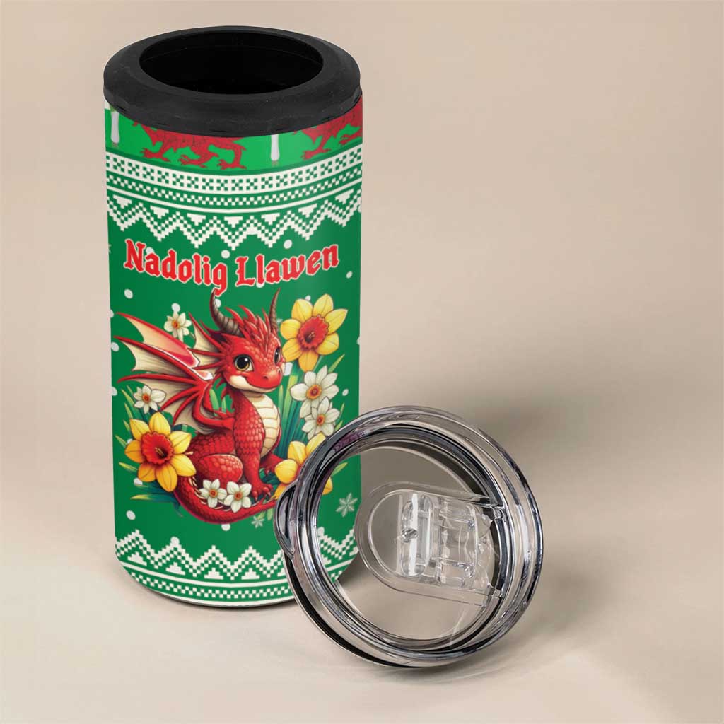 Personalized Wales Christmas 4 in 1 Can Cooler Tumbler Cute Red Welsh Dragon and Daffodils - Wonder Print Shop