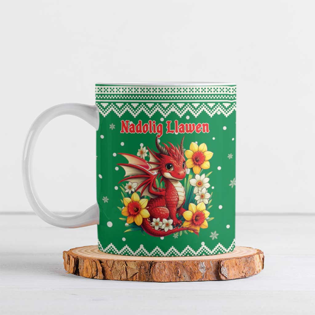 Personalized Wales Christmas Ceramic Mug Cute Red Welsh Dragon and Daffodils - Wonder Print Shop