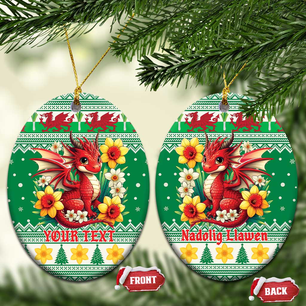 Personalized Wales Christmas Ceramic Ornament Cute Red Welsh Dragon and Daffodils - Wonder Print Shop