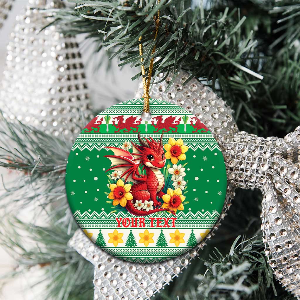 Personalized Wales Christmas Ceramic Ornament Cute Red Welsh Dragon and Daffodils - Wonder Print Shop